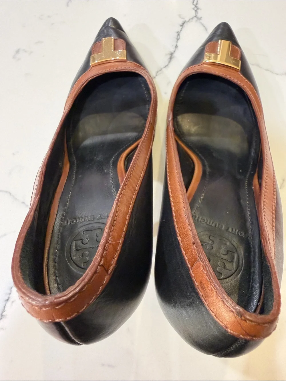 Tory Burch Black & Brown Pointed Toe Logo Pumps